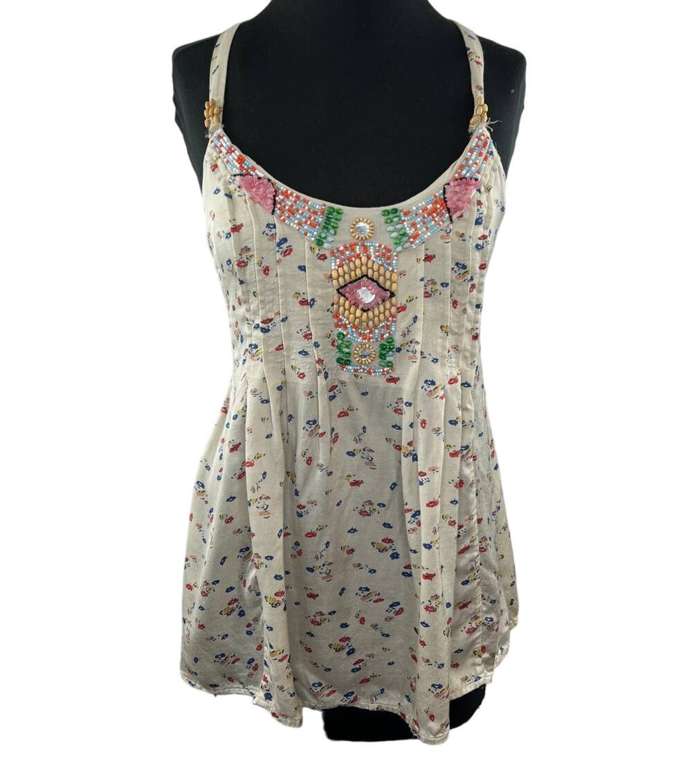 90's Y2K Free People White Floral Print Scoop Neck Bead Smocked Tie Back Tank M
